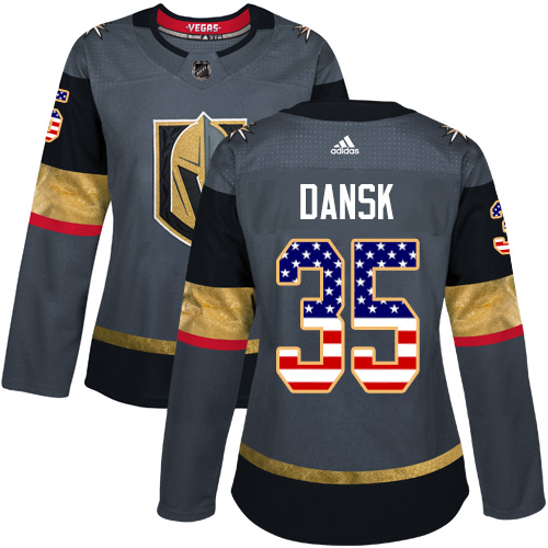 Adidas Golden Knights #35 Oscar Dansk Grey Home Authentic USA Flag Women's Stitched NHL Jersey